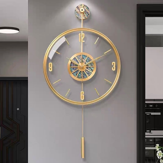 luxury glass wall clock yellow brass wall clock clear glass design with sea shell clock face hanging type design for living room high -end clock factory price
