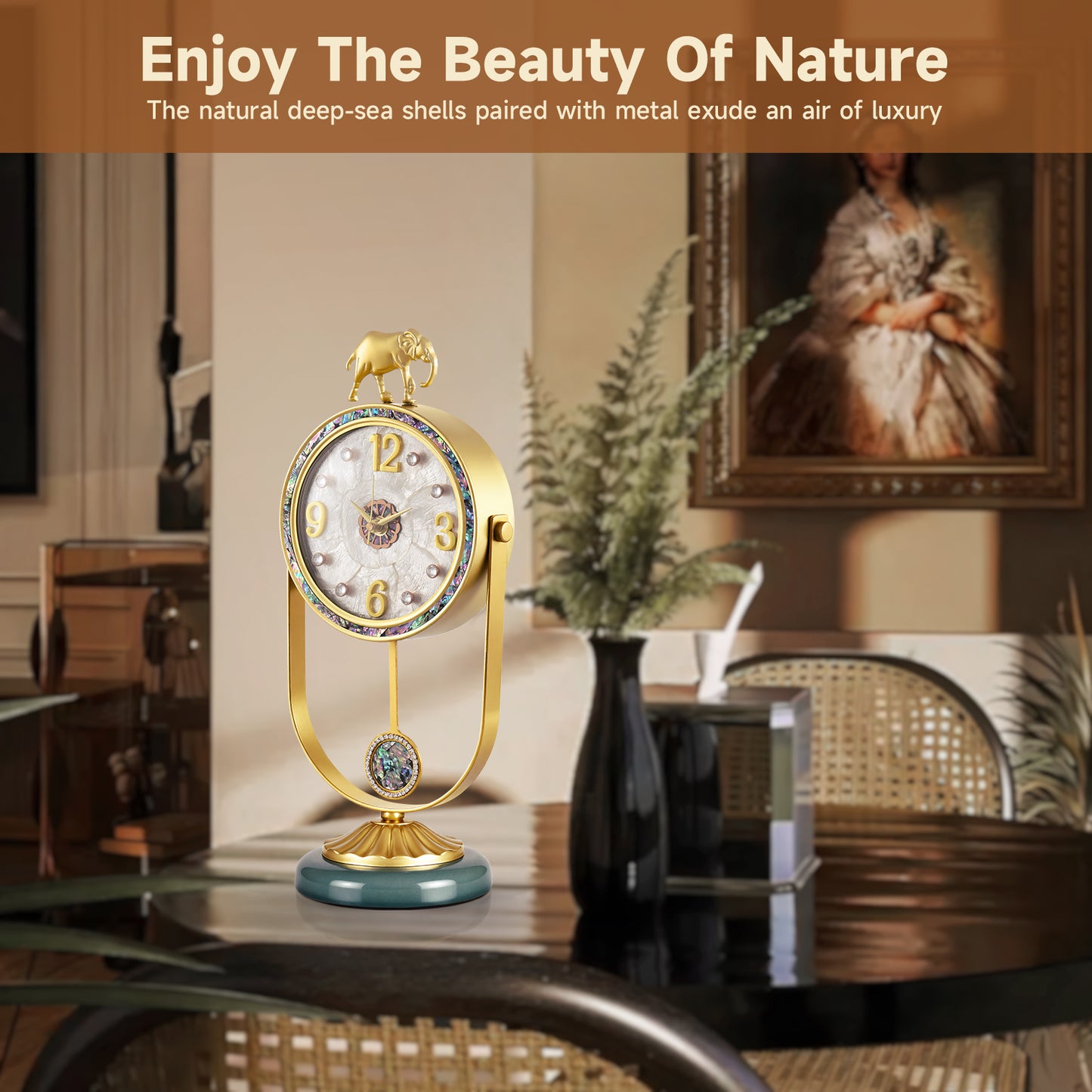 elegant luxury iron table clock elephant design desk unique shell clock for table top gold plated clock home office school decoration wholesale