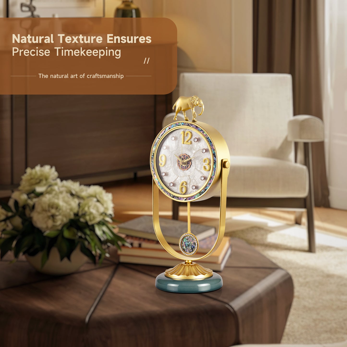 elegant luxury iron table clock elephant design desk unique shell clock for table top gold plated clock home office school decoration wholesale