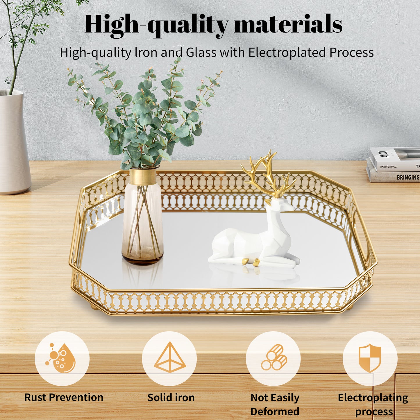 European style glass mirror tray metal decorative trays for Cosmetics Dessert Serving Trays Perfume Jewelry Decorative Trays storage living room wholesale