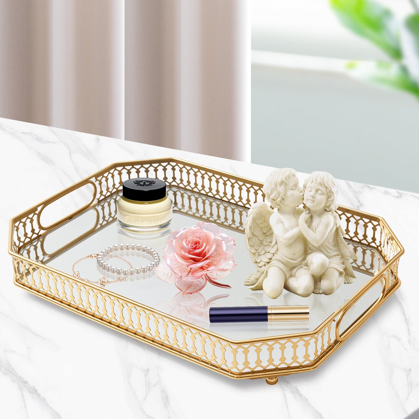 European style glass mirror tray metal decorative trays for Cosmetics Dessert Serving Trays Perfume Jewelry Decorative Trays storage living room wholesale