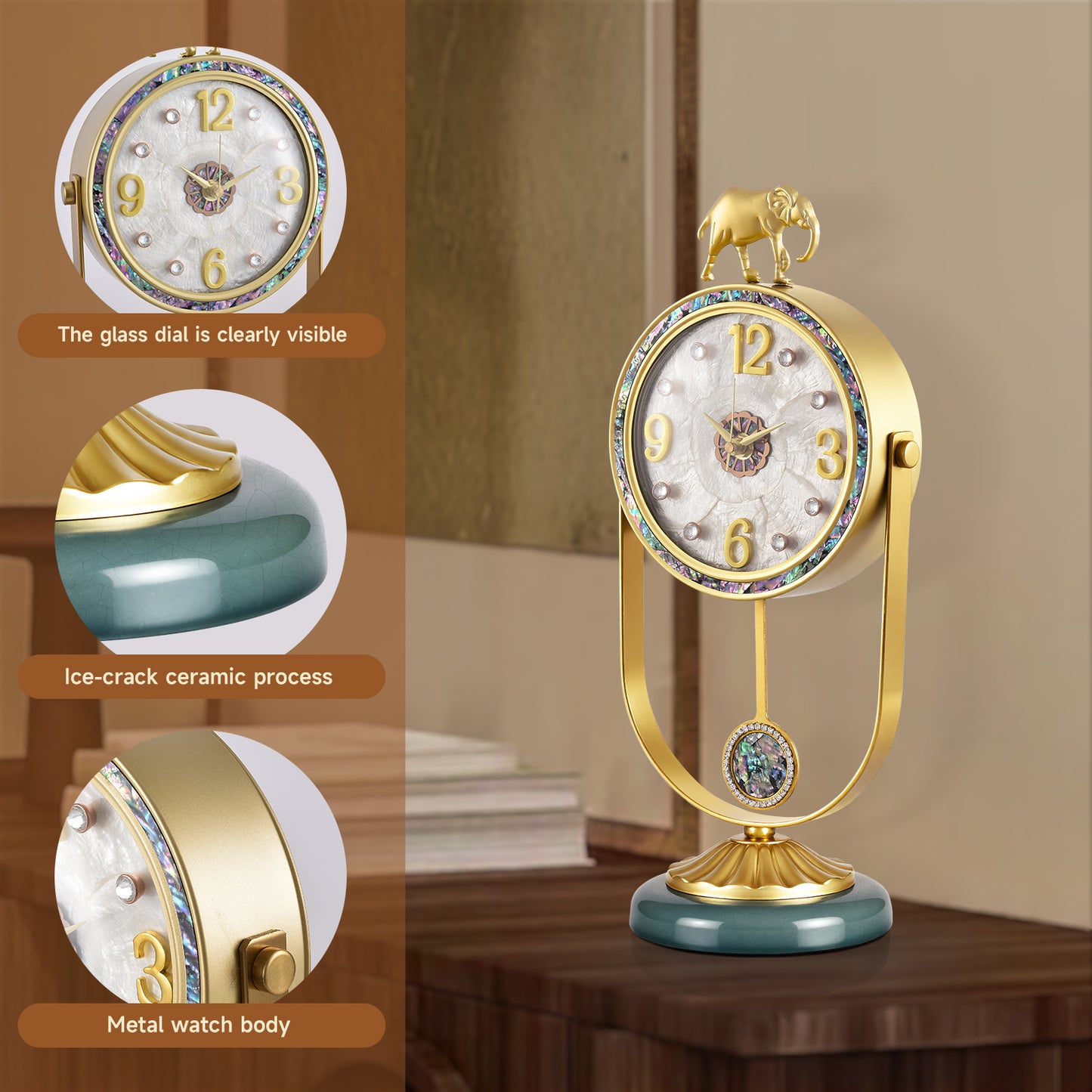 elegant luxury iron table clock elephant design desk unique shell clock for table top gold plated clock home office school decoration wholesale