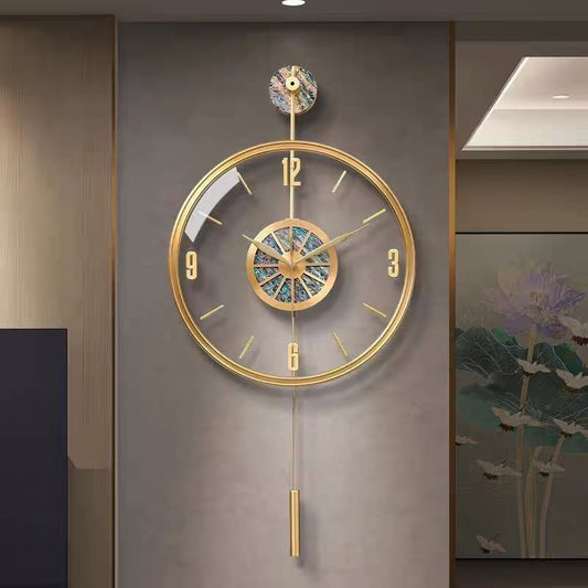 luxury glass wall clock yellow brass wall clock clear glass design with sea shell clock face hanging type design for living room high -end clock factory price