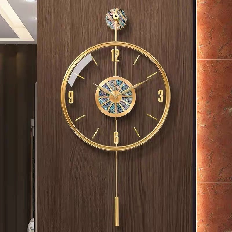 luxury glass wall clock yellow brass wall clock clear glass design with sea shell clock face hanging type design for living room high -end clock factory price