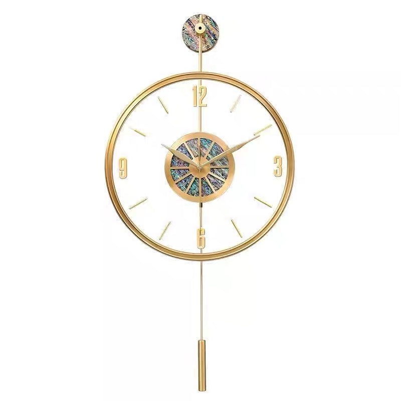 luxury glass wall clock yellow brass wall clock clear glass design with sea shell clock face hanging type design for living room high -end clock factory price