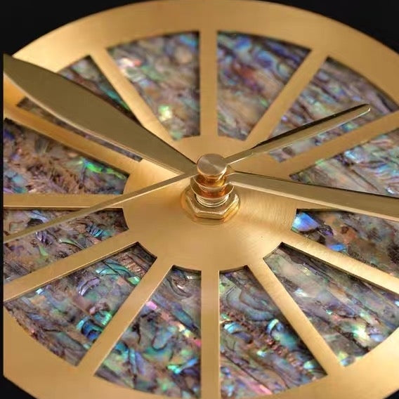 luxury glass wall clock yellow brass wall clock clear glass design with sea shell clock face hanging type design for living room high -end clock factory price