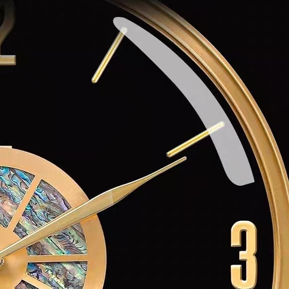 luxury glass wall clock yellow brass wall clock clear glass design with sea shell clock face hanging type design for living room high -end clock factory price